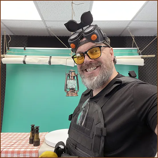 Matt Buckley looking ridiculous as we prepare the set ready to begin filming a YouTube presentation in front of a green screen