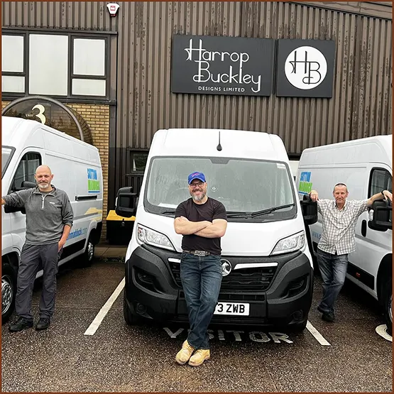 Matt Buckley, Dan Buckley and Paul Williamson with packed vans before leaving for France
